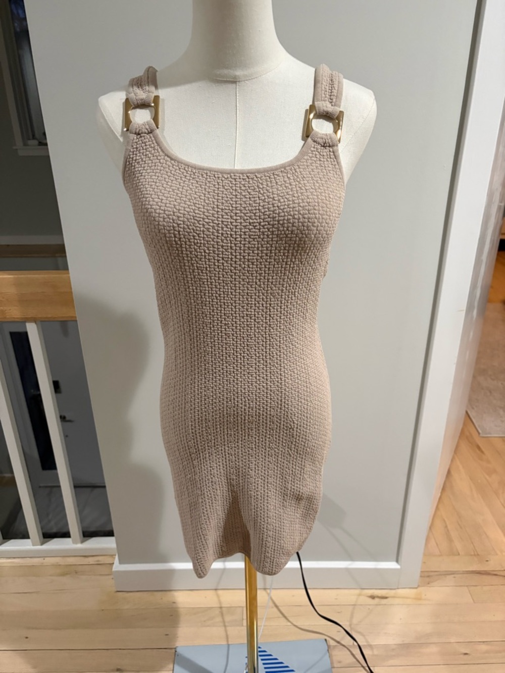 Zara Beige Knit Mini Dress with Gold Buckle Straps